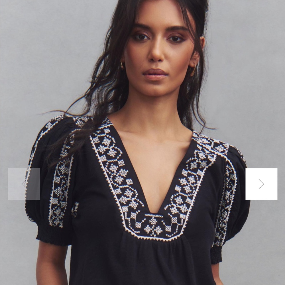 Anthropologie Puff-Sleeve Embroidered Top – Black & White V-Neck Blouse